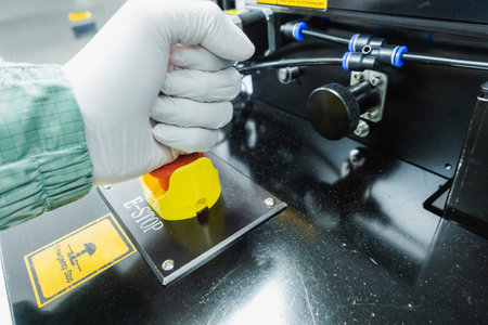 male hand wearing gloves presses an emergency button of an industrial machine for stop working