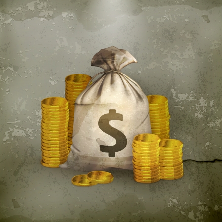 Stacks of coins and money bag, old-styleのイラスト素材