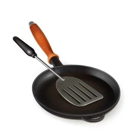 Frying pan and spatula photo realistic illustrationのイラスト素材
