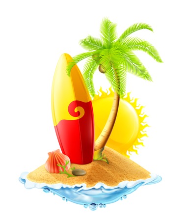 Surfboard and tropical island, vector illustrationのイラスト素材