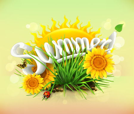 Summer, time for a vacation and travel, the sun and some grass, sunflowers, a ladybug and butterfly in the garden, universal backgroundのイラスト素材