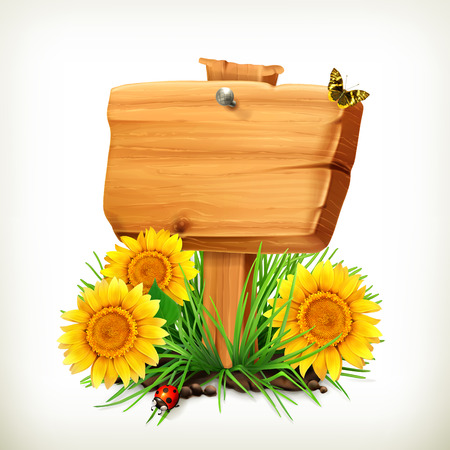 Signboard with sunflowers, ladybug and butterfly on a white background, vector icon, an universal frame for advertising in the summertimeのイラスト素材