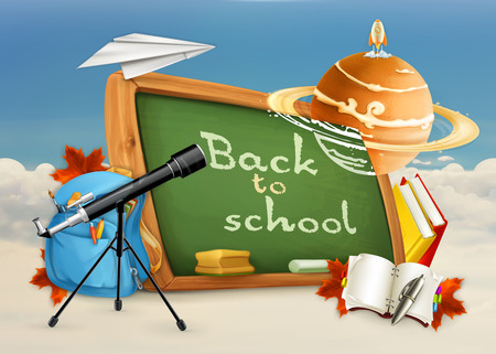 Back to school, astronomy lessons, studying and teaching, education and knowledge, vector illustration on white and blue backgroundのイラスト素材