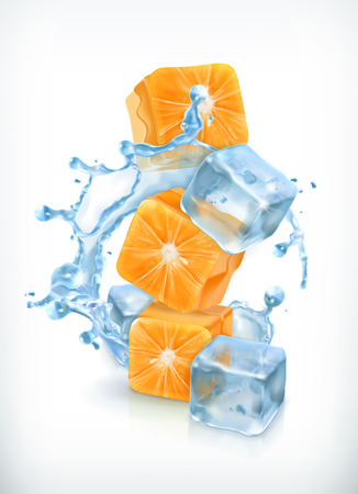 Orange cubes with ice and splashes, vector iconのイラスト素材