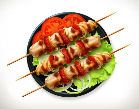 Shish kebab on a plate, vector icon,  isolated on white backgroundのイラスト素材