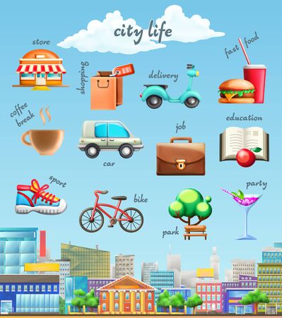 Set with city life, vector iconsのイラスト素材