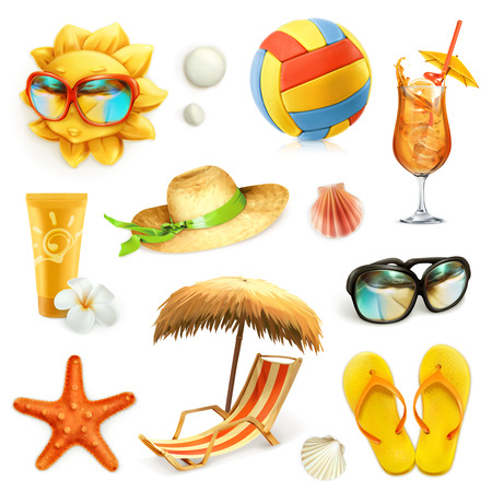 Summer beach, set of vector icons, isolated on white backgroundの販売画像