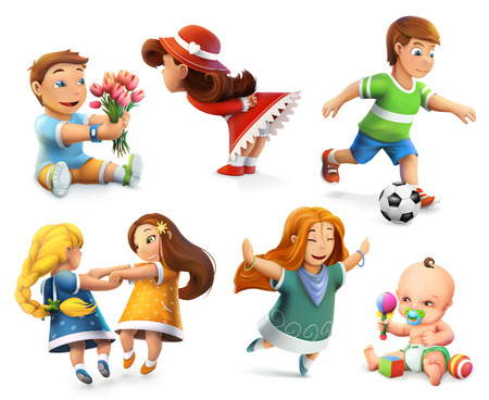 Children. Little girls and boys. Set of vector iconsのイラスト素材