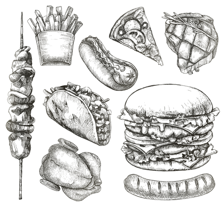 Fast food, sketches, hand drawing, vector setのイラスト素材