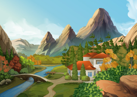 House in the mountains, nature landscape, vector background