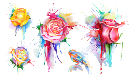 Watercolor roses, set of vector iconsのイラスト素材