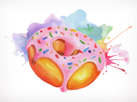Donut with pink icing vector illustration, watercolor painting, isolated on a white backgroundのイラスト素材