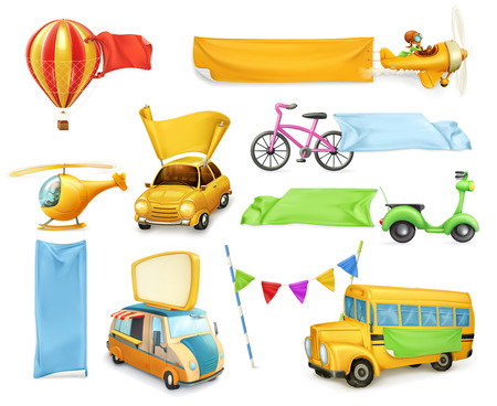Cartoon transportation, cars and airplanes with banners and flags, set of vector graphic elementsのイラスト素材