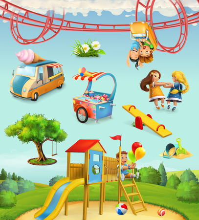 Children playground, outdoor games in the park, characters and objects set of vector iconsのイラスト素材