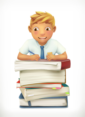 Pupil and school textbooks. Little boy cartoon character. Vector iconのイラスト素材