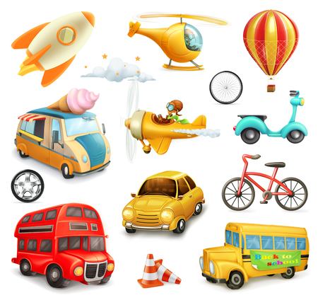 Funny cartoon transportation, cars and airplanes set of vector iconsのイラスト素材
