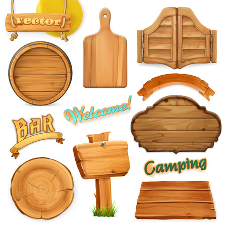 Wooden sign set. Template for logo, emblem. 3d vectorのイラスト素材