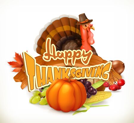 Happy Thanksgiving invitation. Greeting card. 3d vector logoのイラスト素材