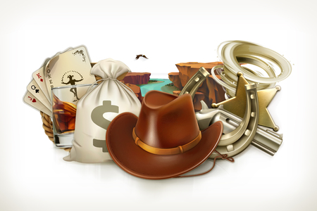 Cowboy Adventure. Game logo. Western retro style. 3d vector emblemのイラスト素材