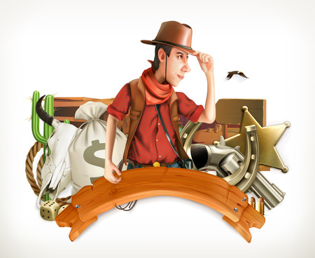 Cowboy Adventure. Western retro style. Game logo. 3d vector emblemのイラスト素材