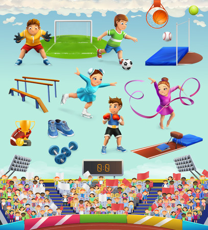 Sport, funny characters and objects, vector icon setのイラスト素材