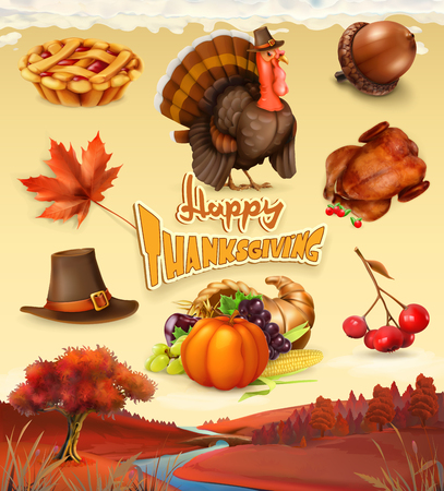 Autumn. Happy Thanksgiving cartoon character and objects. 3d vector icon setのイラスト素材