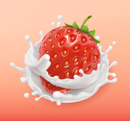 Strawberry and milk splash. Fruit and yogurt. Realistic illustration. 3d vector iconのイラスト素材