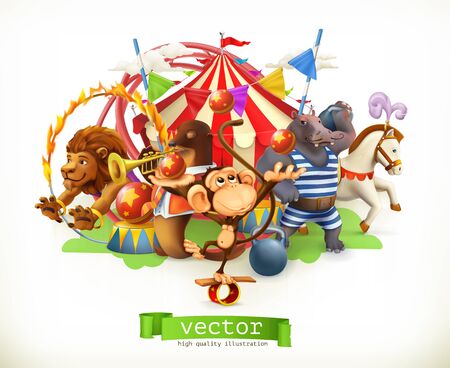 Circus, funny animals. Monkey, lion, horse, hippo. 3d vectorのイラスト素材