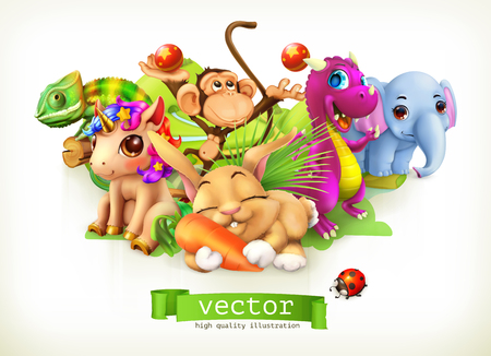 Fairy tale animals. Happy bunny, rabbit, cute unicorn, small dragon, baby elephant, monkey, chameleon. 3d vectorのイラスト素材