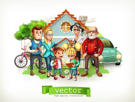 Family. Father, mother, grandmother, grandfather, son, daughter. House. 3d vectorのイラスト素材