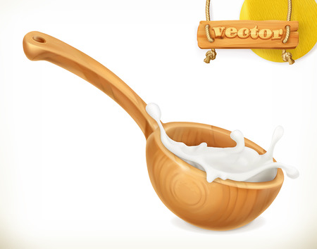 Wooden spoon. Milk. Rustic style. Natural dairy products. 3d vector iconのイラスト素材