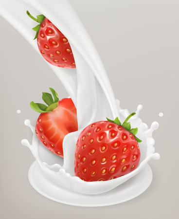 Milk splash and strawberry. 3d object. Natural dairy productsのイラスト素材