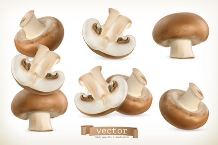Brown cremini mushroom, 3d vector icon set isolated on whiteのイラスト素材