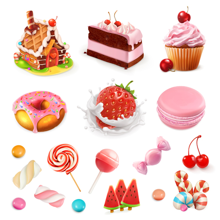 Confectionery and desserts. Strawberry and milk, cake, cupcake, candy, lollipop. Pink 3d vector icon setのイラスト素材