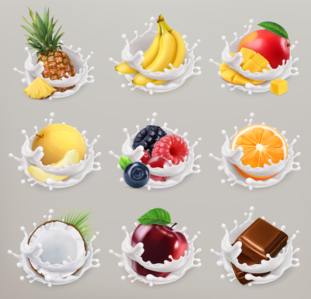 Fruit, berries and yogurt. Mango, banana, pineapple, apple, orange, chocolate, melon, coconut. 3d vector icon set 2のイラスト素材