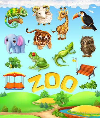 Funny animal set. Elephant, giraffe, tiger, chameleon, toucan, owl, sheep, frog. Zoo 3d vector icon setのイラスト素材