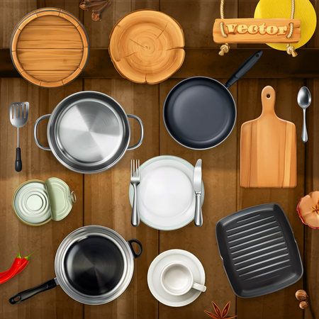 Kitchen utensils. Pots, pans, plates. Top view 3d vector object setのイラスト素材