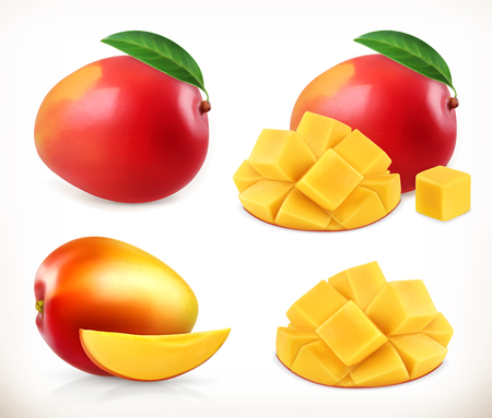 Mango. Whole and pieces. Sweet fruit. 3d vector icons set. Realistic illustrationのイラスト素材