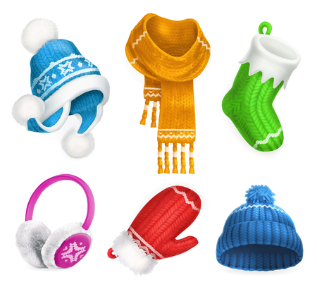 Winter clothes. Knitted hat. Christmas sock. Scarf. Mitten. Earmuffs. 3d vector icon setのイラスト素材