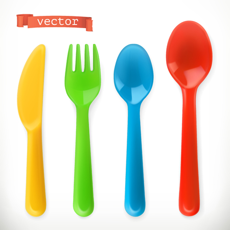 Plastic cutlery for Kids food realistic vector icon set.のイラスト素材