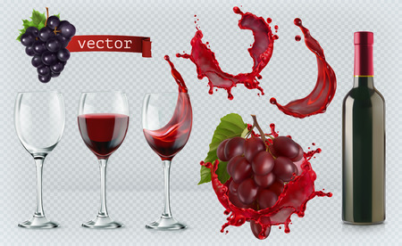 Red wine glasses, bottle, splash, grapes realistic vector icon set.のイラスト素材