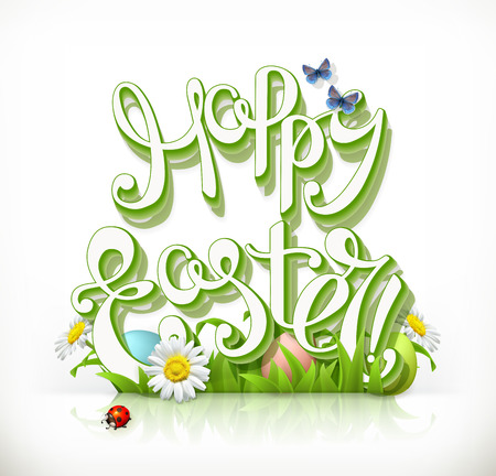 Happy Easter lettering and spring grass. 3d vector icon.のイラスト素材