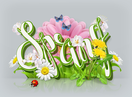 Spring lettering. Grass and flowers. 3d vector iconのイラスト素材