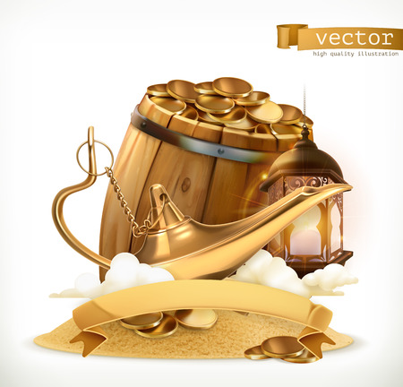 Treasure. Genie lamp and wooden barrel with gold coins. 3d vector iconのイラスト素材