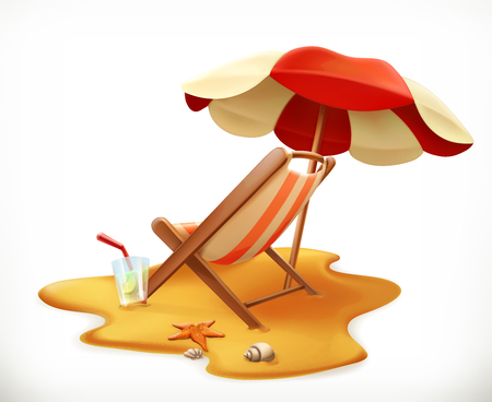 Beach umbrella and lounge chair, 3d vector icon.のイラスト素材