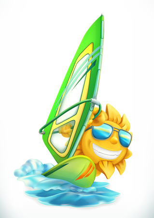 Summer Windsurfing. Funny sun on surfboard 3d vector iconのイラスト素材