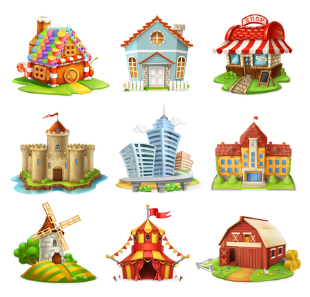 Houses and castles. Buildings 3d vector icons setのイラスト素材