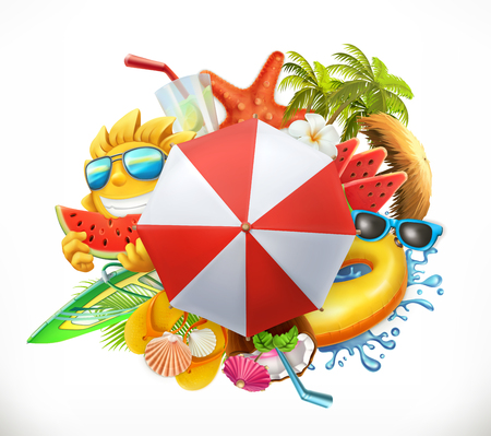 Summer beach set, 3d vector iconのイラスト素材