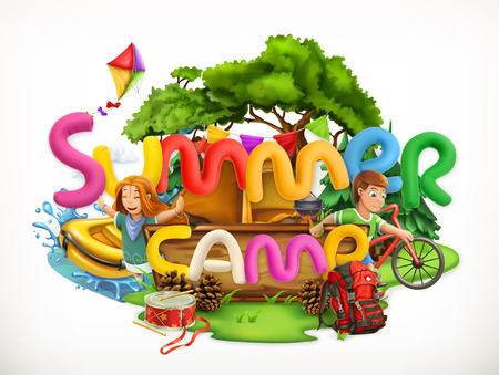 Summer camp. Camping and adventure, Summer holiday 3d vector illustrationのイラスト素材