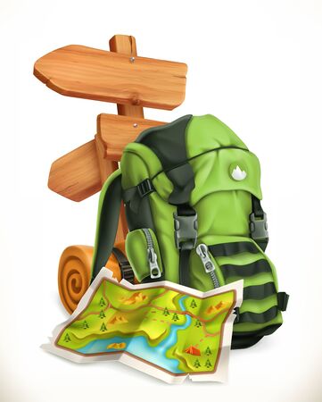Travel. Map, tourist backpack and road sign. 3d vector iconのイラスト素材